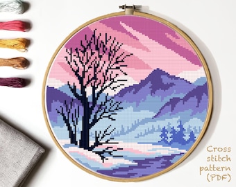 Winter Landscape Modern Cross Stitch Pattern, nature counted cross stitch chart, mountain cross stitch , embroidery,  INSTANT DOWNLOAD PDF