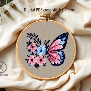 Butterfly and Flowers Cross Stitch Pattern, Modern Floral Embroidery Design (PDF Download) image 1