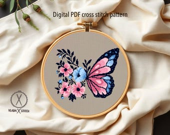 蝶と花のクロスステッチパターン - モナーク風刺繍チャート（PDF
