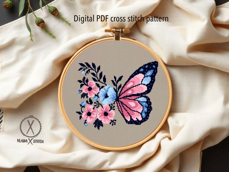 Butterfly and Flowers Cross Stitch Pattern, Modern Floral Embroidery Design (PDF Download) image 1
