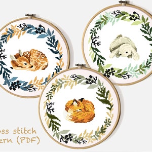 Fuchs, Hirsch, Hase Moderne Kreuzstichmuster, Blumenkranz, sofort download pdf