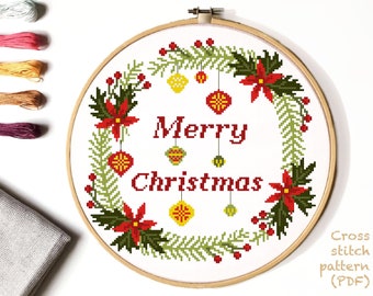 Merry Christmas Wreath Modern Cross Stitch Pattern, easy cross stitch chart, nature cross stitch, Instant download PDF