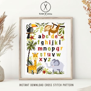 Modèle de point de croix alphabet, facile à compter, animaux d'Afrique, bébé, décoration de chambre d'enfant téléchargement instantané PDF