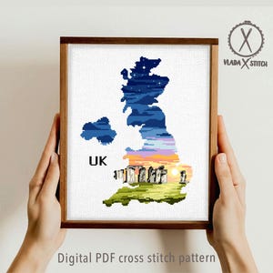 UK Map Cross Stitch Pattern, Stonehenge Landscape, Britain Silhouette (PDF Pattern) image 1