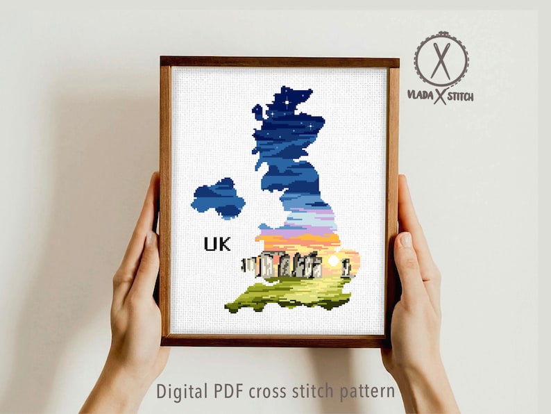UK Map Cross Stitch Pattern, Stonehenge Landscape, Britain Silhouette (PDF Pattern) image 1