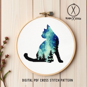 Galaxy Cat Kreuzstichmuster, Modernes Silhouette Design (PDF Download)
