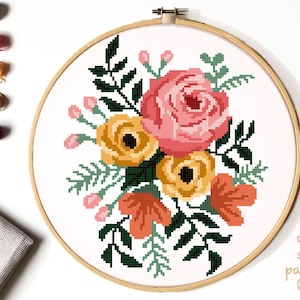 Floral Modern Cross Stitch Pattern, flower counted cross stitch chart, nature,  hoop embroidery, Instant download PDF