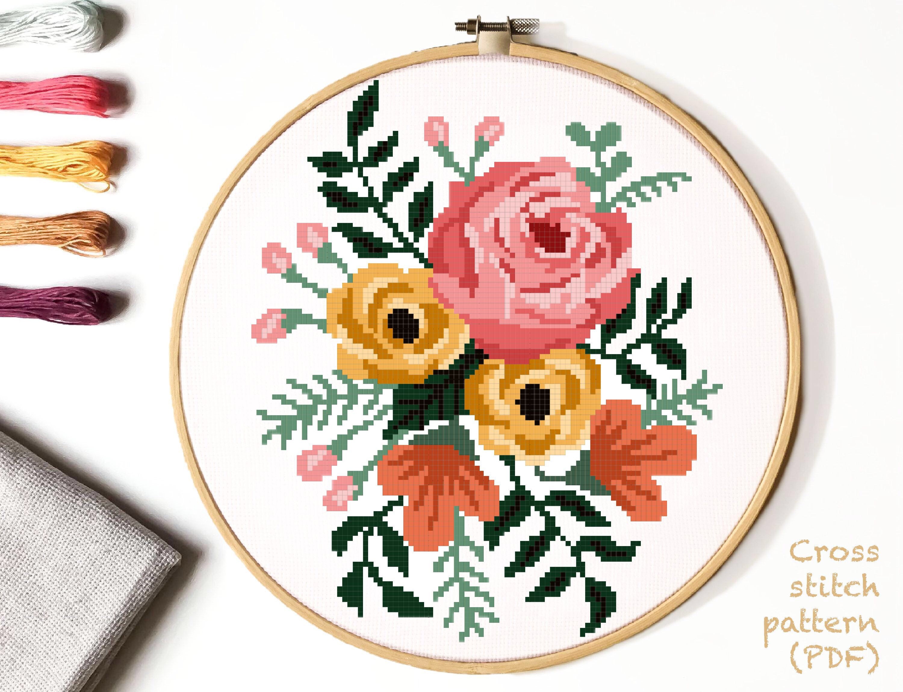 Ultimate Floral CROSS STITCH/クロスステッチ Floral Modern Cross Stitch Pattern, Flower Counted Cross