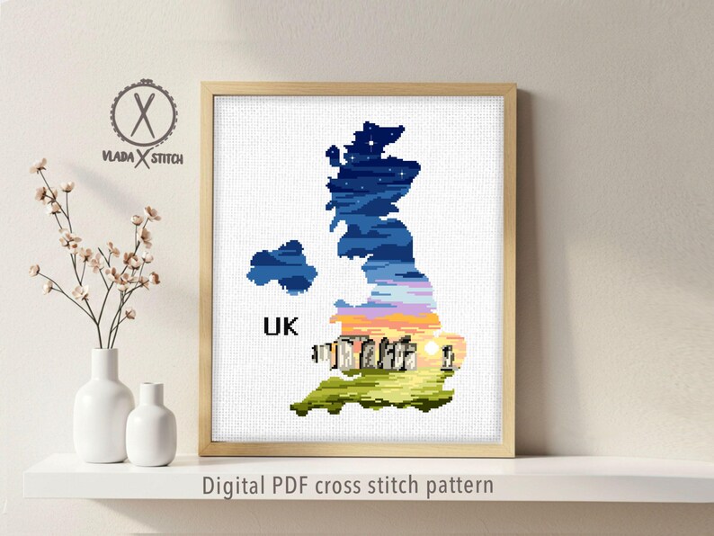 UK Map Cross Stitch Pattern, Stonehenge Landscape, Britain Silhouette (PDF Pattern) image 3