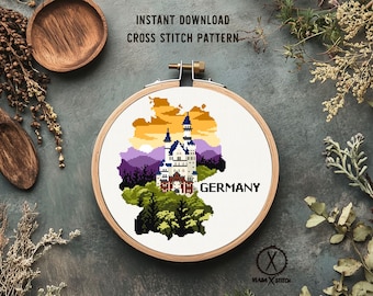 Germany Castle Cross Stitch Pattern, Landscape Easy Count Chart (PDF Pattern)