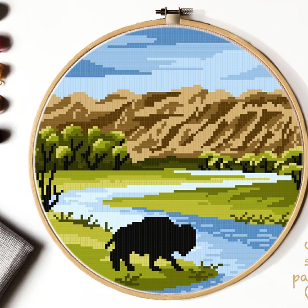 Theodore Roosevelt  National Park Modern Cross Stitch Pattern, nature  cross stitch chart, landscape, buffalo,  mountains, instant PDF