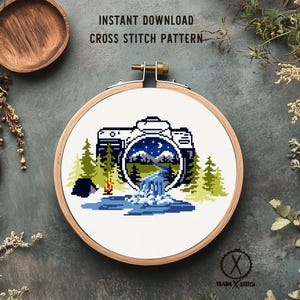 Landscape Modern Cross Stitch Pattern, camera, night sky, nature counted cross stitch chart, mountain, forest, instant download PDF