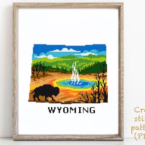 Wyoming state Cross Stitch Pattern, Yellowstone national park, nature cross stitch, geyser, animal, mountains, forest, hoop art, instant PDF