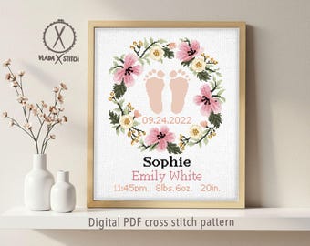 Patrón de punto de cruz para anuncio de nacimiento de bebé, gráfico contado de decoración de guardería para niño y niña, PDF digital