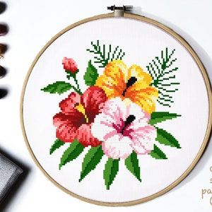 Tropical flowers Modern Cross Stitch Pattern, floral cross stitch chart, botanical, nature cross stitch, Instant download PDF