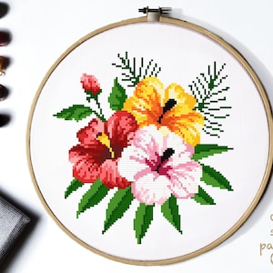 Tropical flowers Modern Cross Stitch Pattern, floral cross stitch chart, botanical, nature cross stitch, Instant download PDF