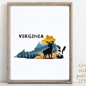 Virginia state Modern Cross Stitch Pattern, nature counted cross stitch chart, Shenandoah National Park, deer, mountains, instant PDF