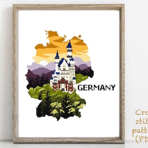 Deutschland Modernes Kreuzstichmuster, Natur einfaches Kreuzstichmuster, Berg, Wald, Schloss, Landschaft, sofort-Download PDF