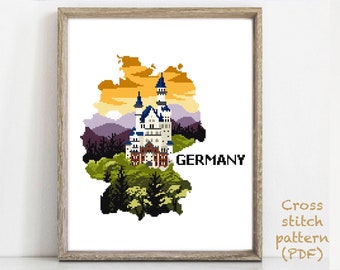 Germany Modern Cross Stitch Pattern, nature easy counted cross stitch chart, mountain, forest, castle, landscape, instant download PDF