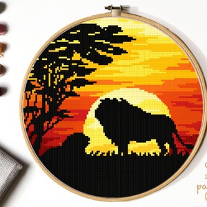 Löwen Kreuzstichmuster, Kreuzstichmuster, Sonnenuntergang, Baum, Tiere, Kreuzstich, Stickmuster, Stickmuster, sofortiges PDF