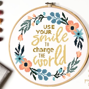 Quote Modern Cross Stitch Pattern, flower wreath counted cross stitch chart, nature,  hoop embroidery, Instant download PDF