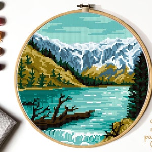 Glacier national park Modern Cross Stitch Pattern, nature counted cross stitch chart, landscape, Montane state, lake ,mountains ,instant PDF