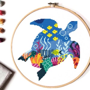 Turtle modern Cross Stitch Pattern, sea, ocean cross stitch chart, animal cross  stitch, nature, hoop art, instant PDF