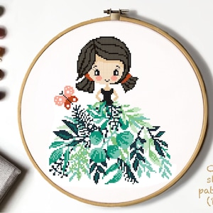 Girl Modern Cross Stitch Pattern, flowers, leaves counted cross stitch chart, butterfly, nature, hoop, Instant download PDF