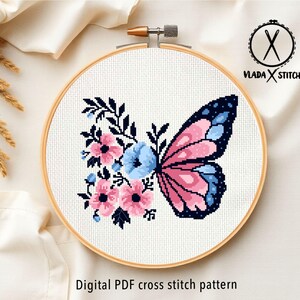 Butterfly and Flowers Cross Stitch Pattern, Modern Floral Embroidery Design (PDF Download) image 7