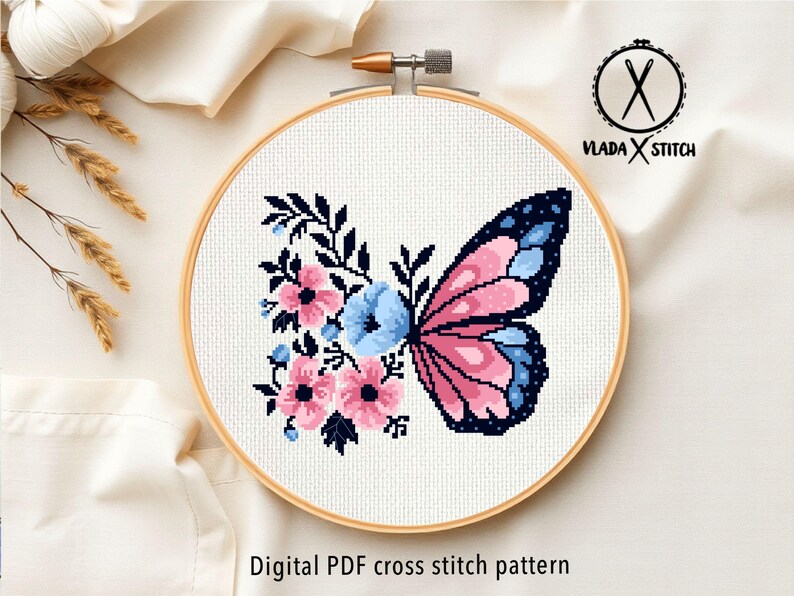 Butterfly and Flowers Cross Stitch Pattern, Modern Floral Embroidery Design (PDF Download) image 7