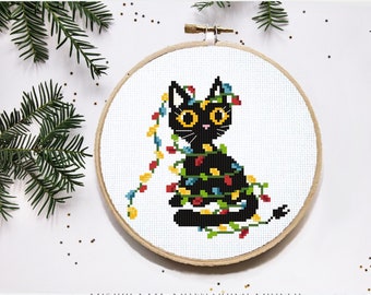 Christmas cat  Modern Cross Stitch Pattern, easy counted cross stitch chart, animal, nature, hoop art, instant download PDF