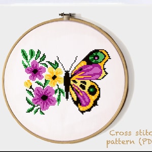 Moderne Kreuzstichvorlage Schmetterling, floral, Kreuzstichvorlage, botanisch, Natur, Stickmuster, sofort download PDF