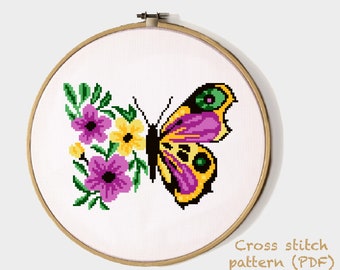 Butterfly Floral Modern Cross Stitch Pattern, flowers,, easy  counted cross stitch chart, botanical, nature, hoop, Instant download PDF