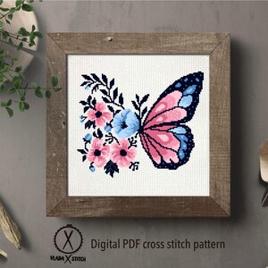 Butterfly and Flowers Cross Stitch Pattern, Modern Floral Embroidery Design (PDF Download) image 3