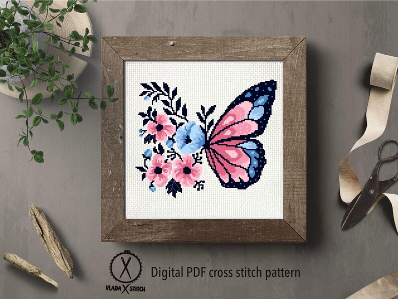 Butterfly and Flowers Cross Stitch Pattern, Modern Floral Embroidery Design (PDF Download) image 3