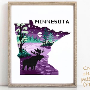 Minnesota state  Modern Cross Stitch Pattern, nature counted cross stitch chart, Voyageurs  national park, moose, lake, forest,instant PDF