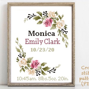 Birth announcement modern cross stitch pattern, baby, personalized, boy girl nursery decor, counted, chart, gift DIY, digital PDF