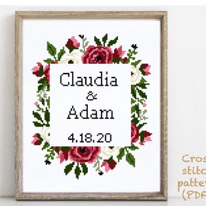 Wedding modern cross stitch pattern, personalized, customized, floral, wreath, counted, chart,  anniversary, wedding gift DIY, digital PDF