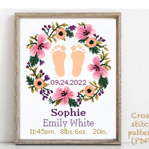 Baby birth announcement modern cross stitch pattern, boy girl nursery decor counted cross stitch chart, baby shower gift DIY, digital PDF