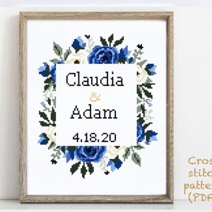 Wedding modern cross stitch pattern, personalized, customized, floral, wreath, counted, love, anniversary, wedding gift DIY, digital PDF