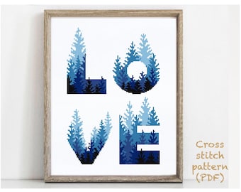 Love Quote Modern Cross Stitch Pattern, forest counted cross stitch chart, nature, hoop embroidery, Instant download PDF