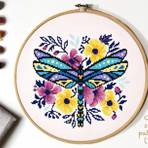 Floral dragonfly Modern Cross Stitch Pattern, flower insect counted cross stitch chart, nature, hoop embroidery, Instant download PDF