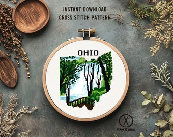 Ohio Modern Cross Stitch Pattern, Cuyahoga Valley Nature Landscape (PDF Download)