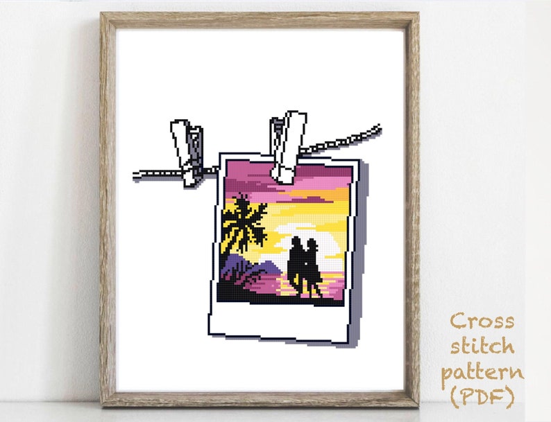 hoop art Photo Landscape Modern Cross Stitch Pattern nature counted cross stitch chart palm sunset beach instant download PDF