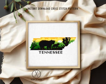 Tennessee Landscape Cross Stitch Pattern, State Silhouette, Bear and Cub Design (Digital Download)