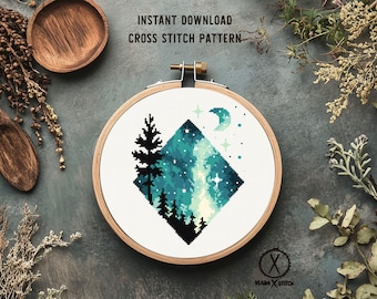 Northern Lights Cross Stitch Pattern, Forest Landscape Embroidery Design, Modern DIY Needlepoint (PDF Download)