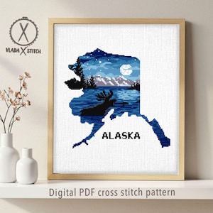 Alaska Landscape Cross Stitch Pattern, State Map, DIY Needlepoint (PDF Pattern)