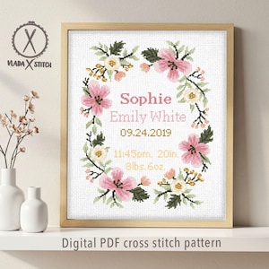 Baby Girl Birth Announcement Counted Cross Stitch Pattern, Nursery Decor (Digital PDF)