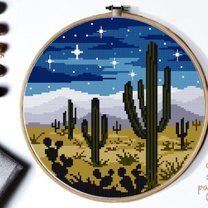 Saguaro nationalpark Modernes Kreuzstichmuster, Natur Kreuzstichvorlage, Landschaft, Nachthimmel, Berge, Kaktus, sofort PDF