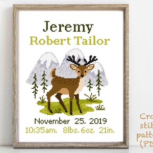 Birth announcement modern cross stitch pattern, baby, personalized, boy girl nursery decor, nature, counted, chart, gift DIY, digital PDF